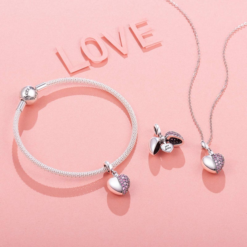 NINGAN â€œYou & Meâ€ Pink Heart Pendant Love Charm 925 Sterling Silver Dangle Charms Compatible with Major European Bracelets & Necklaces - Image 1